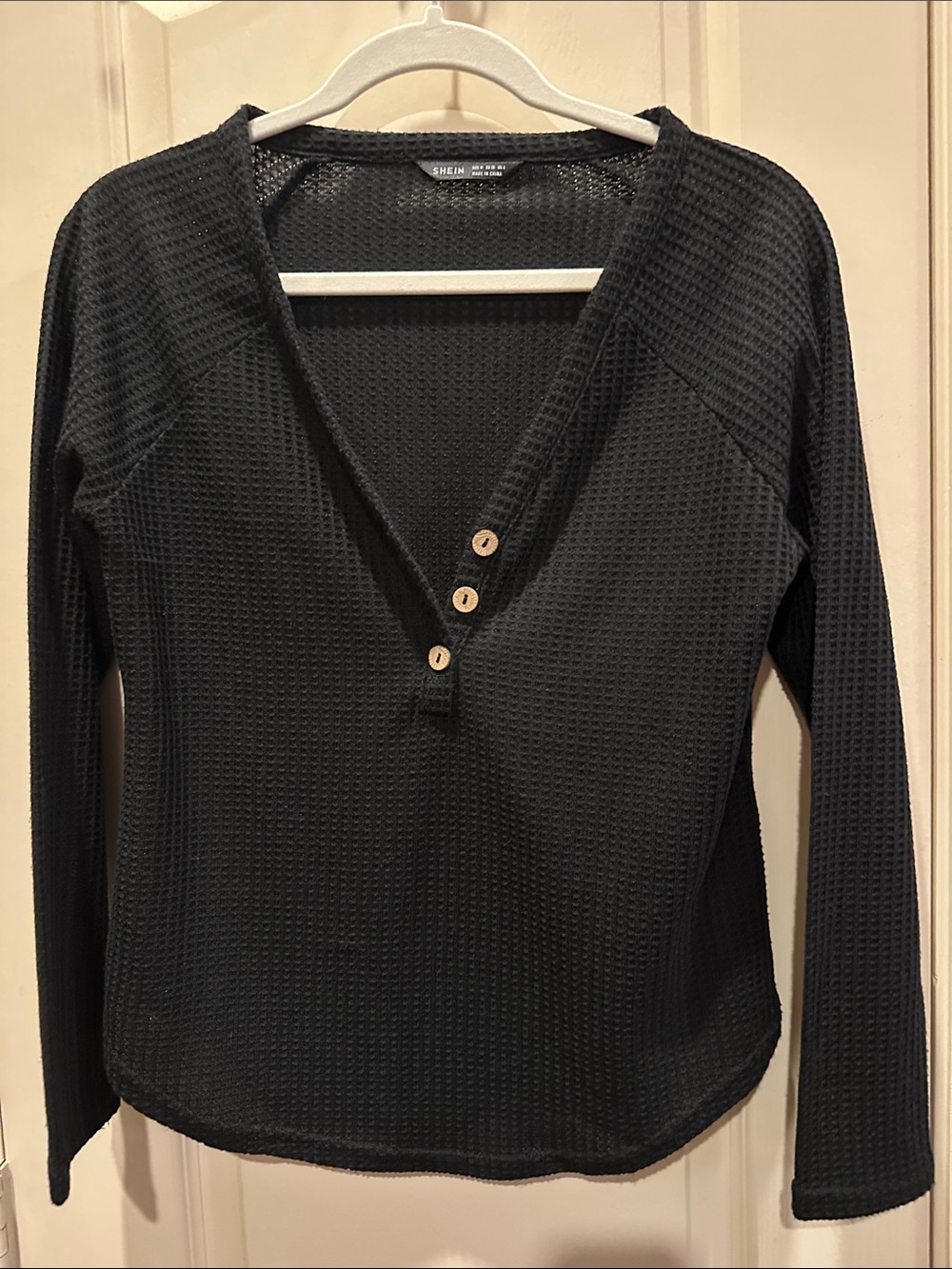 SHEIN Black Waffle Knit Henley Top